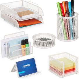 Organiseur Bureau 7 Pièces,Métal,Range-Documents,Lettres,Range-Notes,Porte-Stylos,Range-Trombones,Blanc