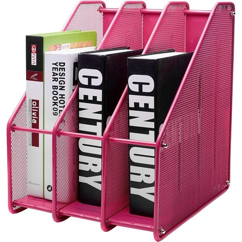 Porte-revues de Bureau/Range-revues/Porte-Magazine en métal à Trois rangées/Boîte de Rangement en métal -3 Compartiments Cahiers/Dossier/Organisateur (Rose)