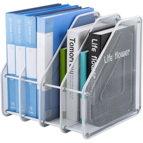 Porte-revues en maille,4 compartiments en maille métallique,Organisateur Bureau pour la maison,la trieuse de livres,étagère de rangement,pour magazines,documents et livres-Blanc