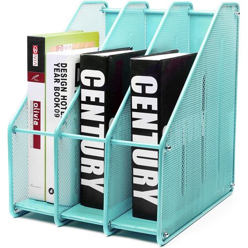 Porte-revues de Bureau/Range-revues/Porte-Magazine en métal à Trois rangées/Boîte de Rangement en métal -3 Compartiments Cahiers/Dossier/Organisateur (Turquoise)
