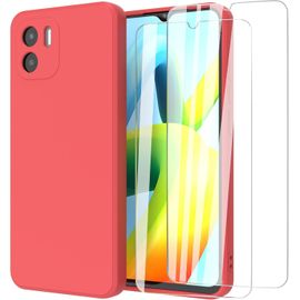Pack Coque Tpu Silicone Liquide Rouge + 2 Verres Trempés Pour Xiaomi Redmi A1 / Redmi A2 4g (6,52"") - Ultra Fine, Anti¿Chocs Et Tactile