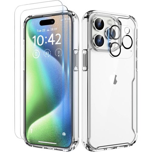 KALANKA-pour Coque iPhone 15 Pro Max (6,7""), avec [2 Verre Trempé Protection écran et 1 Caméra Protecteur] Antichoc Dur PC TPU Silicone Bumper Étui pour iPhone 15 Pro Max Coque Transparente