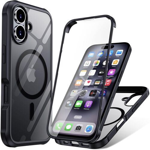 CAUC-Coque Protection iPhone 16 360 Degrés, Étui Apple iPhone 16 Intégrale, Antichoc & Compatible avec MagSafe Housse avec d'Écran Verre Trempé Rigide Cover Case Transparent. Noir