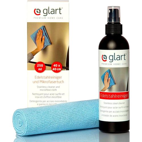 45ER Nettoyant inox 250 ml + chiffon microfibre 40x45cm, Spray dégraissant inox sans polissage, Pour cuisine, électroménager, salle de bain, Set nettoyage inox en boîte carton - Made in Germany