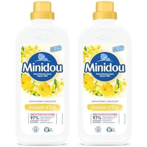 Adoucissant MINIDOU Instant d'Été Bouteille 1L - 50 Lavages | Élimine les Odeurs Désagréables et Laisse un Parfum Frais Durable | Compatible avec Tous les Types de Vêtements (Lot de 2)