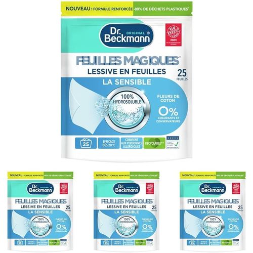25 FEUILLES MAGIQUES Lessive en feuilles LA SENSIBLE Hypoallergénique | Format pré-dosé, pratique et léger | 100% hydrosoluble, facile à utiliser et ranger (Lot de 4)