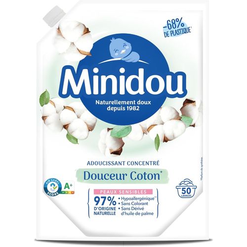 Adoucissant Linge MINIDOU Douceur Coton Doypack 1L - 50 Lavages | Élimine les Odeurs Désagréables et Laisse un Parfum Frais Durable | Compatible avec Tous les Types de Vêtements