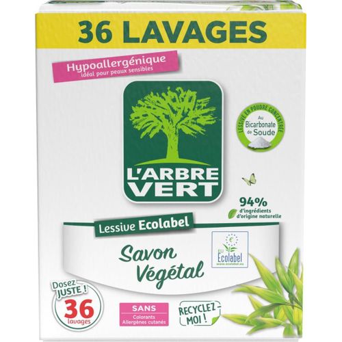 Lessive Poudre Savon Végétal - ECOLABEL - Hypoallergénique - 36 Lavages - 94% d'ingrédients d'origine naturelle - 1.8Kgs