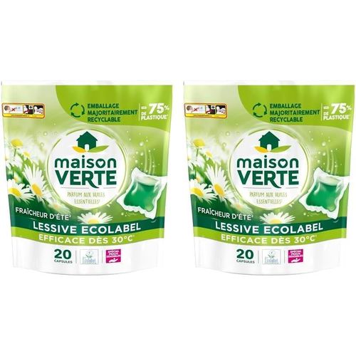 Maison Verte - Lessive Capsule - Parfum Fraîcheur d'Ete - Lessive Détachante - Spécial Peaux Sensibles - Efficace dès 20°C - 5 Enzymes Actives d'Origine Naturelle - Sans Conservateurs - 20 Lavages