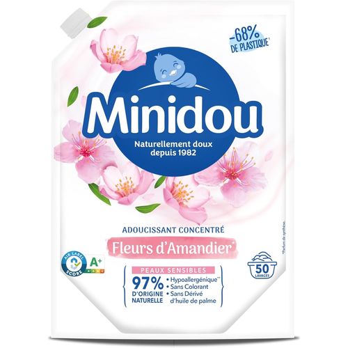 Adoucissant Linge MINIDOU Fleurs d'Amandier Doypack 1L - 50 Lavages | Élimine les Odeurs Désagréables et Laisse un Parfum Frais Durable | Compatible avec Tous les Types de Vêtements