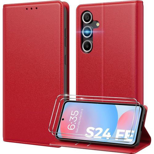 CAUC-Coque pour Samsung Galaxy S24 FE, [ Verre Trempé Protection], [ Blocage du Signal RFID ] [ Premium PU ] [ Pochette de Portefeuille ] Etui à Rabat pour Samsung S24 FE,Rouge