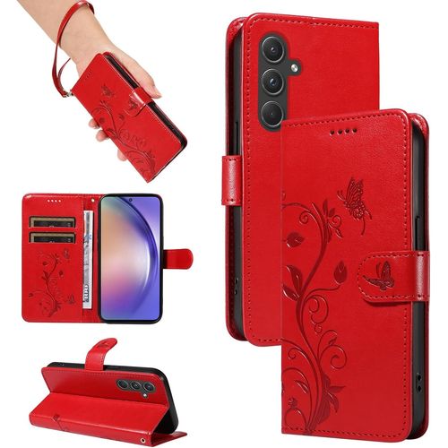 Kal-Coque Pour Samsung Galaxy A55 5g, Housse Etui Portefeuille Cuir Pu, Magnétique Étui De Protection Compatible Avec Galaxy A55 5g, Rouge
