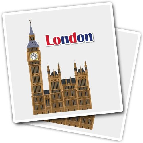 Kal-Lot De 2 Autocollants Carrés En Vinyle 10 Cm \U2013 Londres Big Ben Rétro Pour Ordinateur Portable, Tablette, Bagages, Scrapbooking Et Réfrigérateur #59800