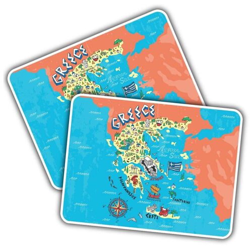 KAL-Lot De 2 Autocollants En Vinyle ¿ Forme Rectangulaire 10 X 7 Cm Grèce Santorin Crète Carte Monuments Art Print Decal Laptop Tablet Bagage Voiture Mur Réfrigérateur Porte Autocollant #58716