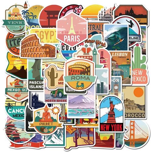 Kal-World City Lot De 50 Autocollants De Voyage Vintage Pour Bouteille D'eau, Ordinateur Portable, Scrapbooking, Téléphone, Skateboard, Moto, Guitare, Réfrigérateur, Esthétiques, Personnalisables