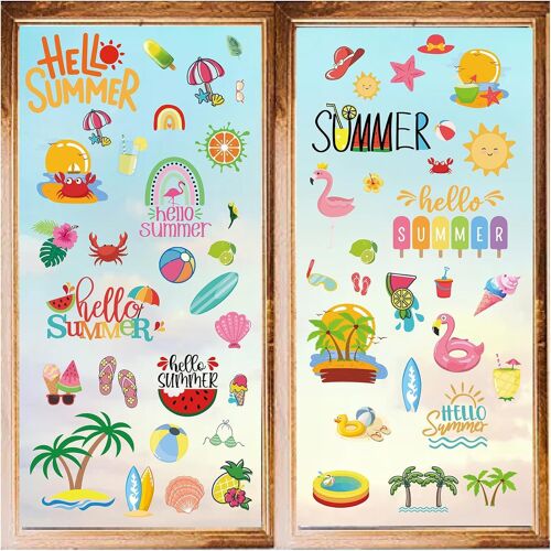 KAL-Styles D'Autocollants Muraux Pour Fenêtre Sur Le Thème De L'Été - Autocollants Muraux En Pvc Imperméables - Décoration Pour Réfrigérateur, Chambre À Coucher, Salon, Cuisine, Magasin