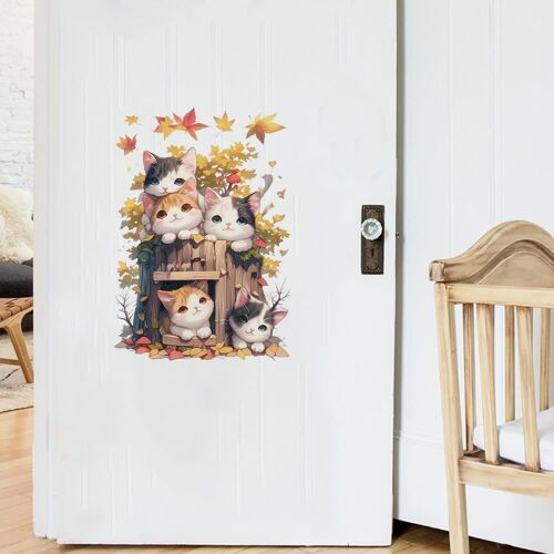 KAL-Lot De 2 Feuilles D'Autocollants Chat - 38 X 55 Cm - Chats Avec Automne - Feuilles D'Érable Autocollantes - Couvercle En Pvc - Mignon - Pour Maison, Fête, Magasin, Cuisine, Réfrigérateur, Salle D