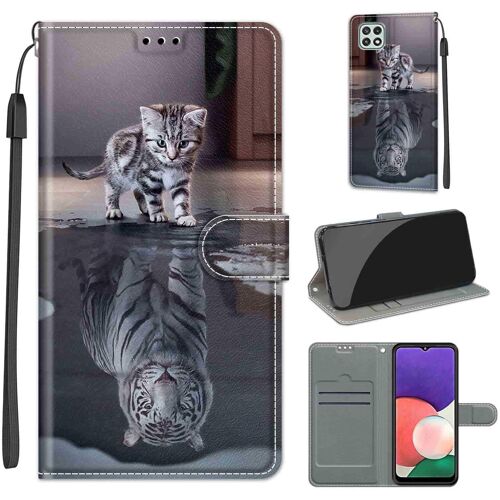 KAL-Coque Pour Samsung Galaxy A22 5G, Housse Etui Portefeuille Cuir Multifonction, Fermeture Magnétique À Clapet Anti-Choc Compatible Avec Coque Samsung A22 5G Book - Chat Et Tigre
