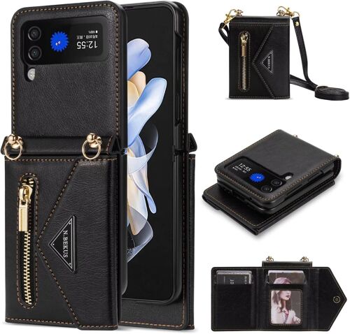 KAL-Esong Coque Compatible Avec Samsung Galaxy Z Flip 4,Protection Case Housse En Cuir Avec Fermeture Éclair Et Bandoulière,Avec 4 Emplacements Pour Cartes Et Béquille-Noir