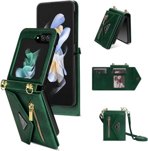 KAL-Esong Coque Compatible Avec Samsung Galaxy Z Flip 5,Protection Case Housse En Cuir Avec Fermeture Éclair Et Bandoulière,Avec 4 Emplacements Pour Cartes Et Béquille-Vert