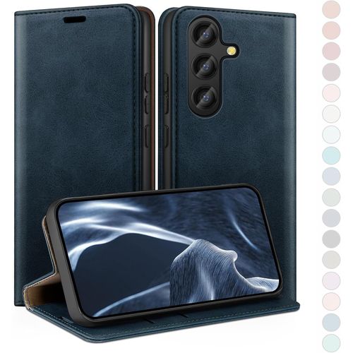 Kal-Coque Pour Samsung Galaxy S25 Avec Rfid Blocage Etui À Rabat En Cuir De Premium,Fentes Pour Cartes,Coques De Case,Cover À Rabat Pour Samsung S25 Portefeuille Bleu Foncé