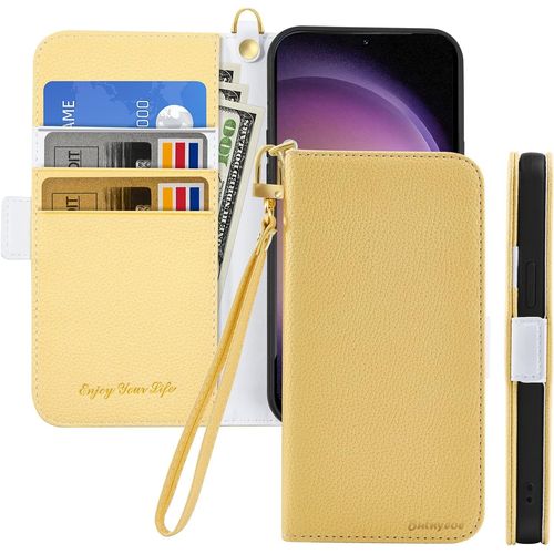Kal-Coque Pour Samsung Galaxy S24 Fe 5g Rabat,Housse Samsung S24 Fe 5g Clapet,Portefeuille Etui Avec Fonction Support Et Porte-Carte,Litchi Texturé Cuir/Antichoc Flip Cover Case.Jaune