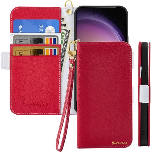 Kal-Coque Pour Samsung Galaxy S24 Fe 5g Rabat,Housse Samsung S24 Fe 5g Clapet,Portefeuille Etui Avec Fonction Support Et Porte-Carte,Litchi Texturé Cuir/Antichoc Flip Cover Case.Rouge