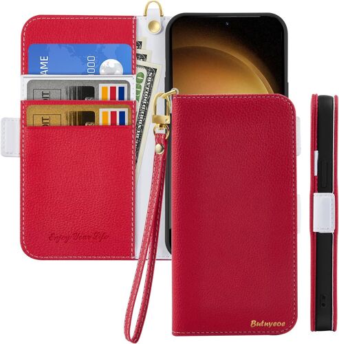 Coque pour Samsung Galaxy S23+ Rabat,Housse Samsung S23 Plus Clapet,Portefeuille Etui avec Fonction Support et Porte-Carte,Litchi Texturé Cuir/Antichoc Flip Cover Case.Rouge