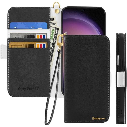 Kal-Coque Pour Samsung Galaxy S24,Housse Samsung S25 Clapet,Portefeuille Etui Avec Fonction Support Et Porte-Carte,Litchi Texturé Cuir/Antichoc Flip Cover Case.Noir