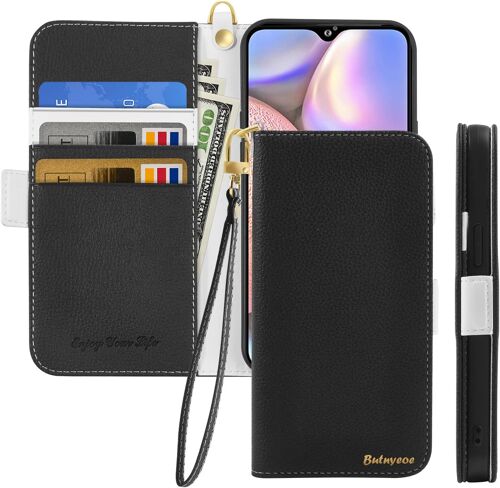 KAL-Coque Pour Samsung Galaxy A10S Rabat,Housse Samsung A10S Clapet,Portefeuille Etui Avec Fonction Support Et Porte-Carte,Litchi Texturé Cuir/Antichoc Flip Cover Case.Noir