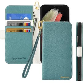 KAL-Coque Pour Samsung Galaxy S22 Ultra 5G Rabat,Housse Samsung S22 Ultra Clapet,Portefeuille Etui Avec Fonction Support Et Porte-Carte,Litchi Texturé Cuir/Antichoc Flip Cover Case.Bleu Vert