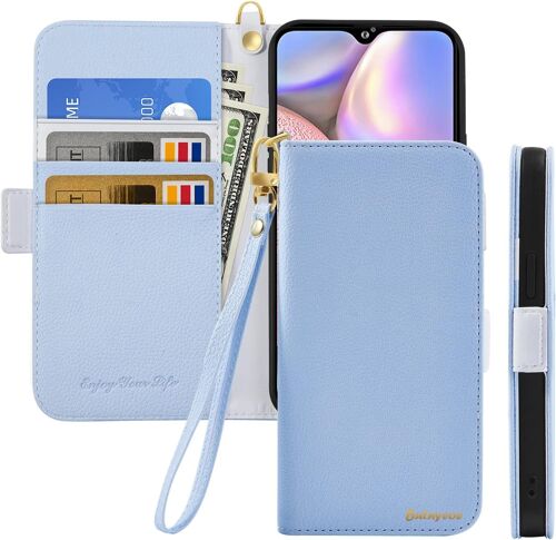 KAL-Coque Pour Samsung Galaxy A10S Rabat,Housse Samsung A10S Clapet,Portefeuille Etui Avec Fonction Support Et Porte-Carte,Litchi Texturé Cuir/Antichoc Flip Cover Case.Bleu Clair