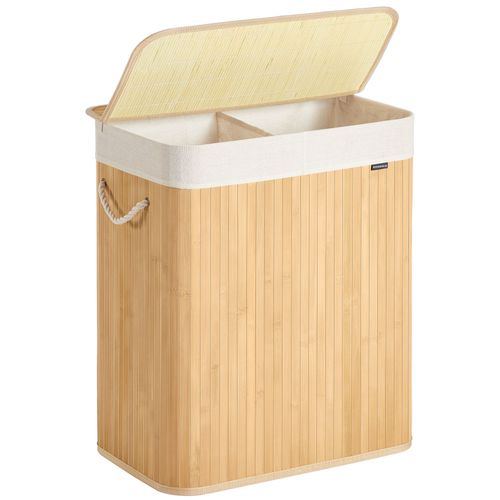 Panier à Linge 100 L, 2 Compartiments, Couvercle, en Bambou, Poignées, Pliable, Sac Amovible Lavable en Machine, Couleur Boisée