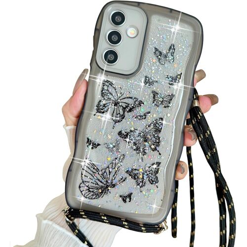 KAL-Cordon De Coque Compatible Avec Samsung Galaxy A55 5G 6.6'', Transparentes Wave Housse Brillant Paillette Réglable Lanyard Tpu Cute Silicone Lanyard Papillon Étui Pour Fille Femme, Blanc