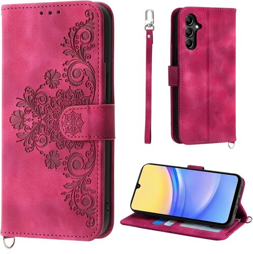 Fleur Coque Samsung Galaxy A15 5G 6.5"", 5 Cartes ¿¿tui de Protection en Cuir PU de Style Vintage pour Galaxy A15 SM-A155F SM-A156B Housse, Rouge