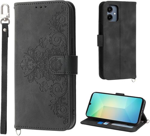 KAL-Coque Pour Samsung Galaxy A06 4G 6.7, 5 Cartes Samsung Galaxy A06 /Sm-A065F/Ds Étui De Protection En Cuir Pu De Fleur Style Vintage Pour Housse, Noir