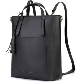 Sac à Dos Femme Convertible Vintage Sac à Main Cours d'etudiante Enseignante, Sac Cartable Cuir PU pour Ordinateur 14 Pouces, Noir