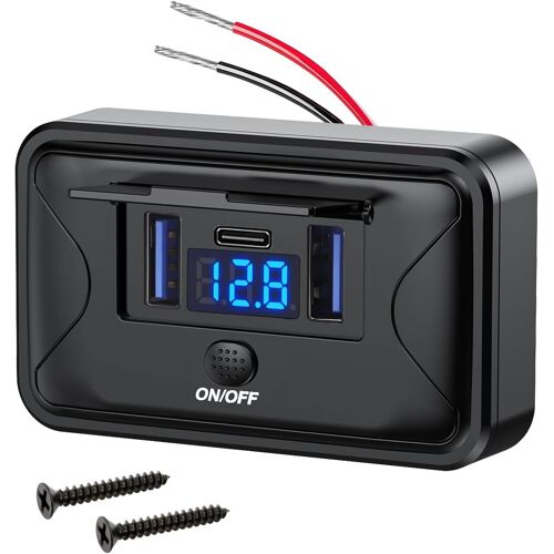 JGD-Prise USB RV, Double Prise USB A 18W et USB C 36W avec Voltmètre et Interrupteur pour 12V Voiture Bateau Camion