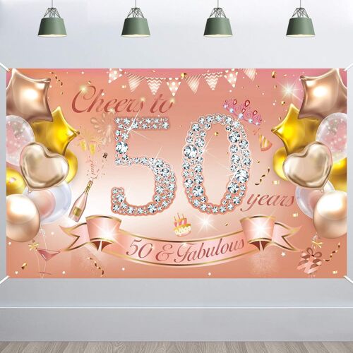 Sjzg-Femme 50 Anniversaire Décoration Or Rose, Femme 50 Anniversaire Bannière Pour Toile De Fond En Tssu, Femme 50 Anniversaire Table Jardin Mur Décoration Fournitures