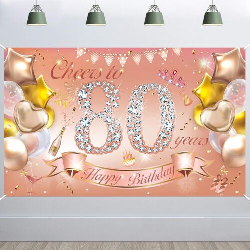 SJZG-Large Rose Gold 80Th Birthday Backdrop Banner For Women 80Th Birthday Party Decoration