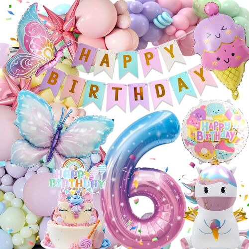 Decoration Anniversaire 6 Ans, Ballons D¿¿coration pour Anniversaire D¿¿coration Licorne, Banni¿¿re Anniversaire, Ballon en Aluminium Licorne Papillon