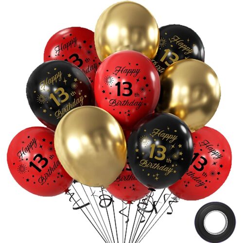 SJZG-Happy Birthday Decoration Anniversaire 13 Ans, 12 Pouces Ballons Anniversaire Noir Rouge, 12 Pièces Deco Anniversaire Pour Enfants Garçons Filles