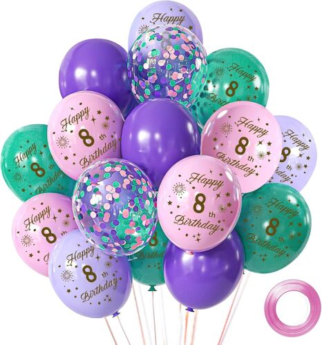 SJZG-Happy Birthday Decoration Anniversaire 8 Ans, 12 Pouces Ballons Anniversaire Rose Violet, 15 Pièces Deco Anniversaire Pour Enfants Garçons Filles