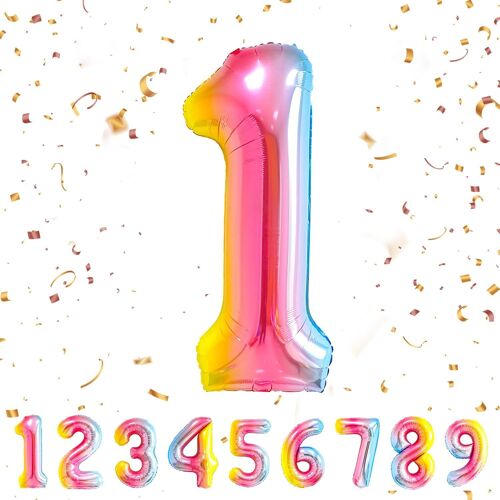 SJZG-Chiffre 1 Arc-En-Ciel - Ballon Géant 40"" (101Cm) Pour Anniversaire, Décoration Xxl Gonflable À L'Hélium
