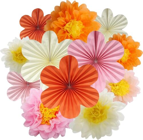 MEVRONISSHOP-Lot de 12 éventails en papier et fleurs en papier - Pompons - Beige - Orange - Rose - Guirlande suspendue - Décoration pour mariage, fête d'anniversaire, fête de jardin, décoration de ta