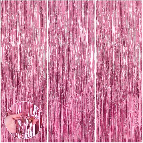 KALANKA-3 Pièces 1m x 2.5m Rose Rideau Métallique de Frange, Rideaux à Franges Shimmer Tinsel Aluminium Brillants, pour Décoration Fête, Noël Party, Mariage, Anniversaire, Toile de Fond (Rose)