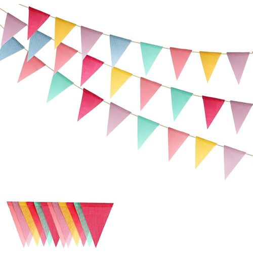 MEVRONISSHOP-12M /36Ft Fanion Multicolore,Réutilisable Banderole Fanion Guirlande,Drapeaux de Triangle en Toile de Jute intérieur Decoration,pour Bannière Anniversaire, Mariage, Fête, Extérieur Jardi