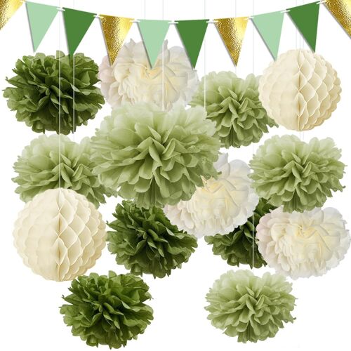 KALANKA-Sauge Pompon Papier de Soie ,deco vert sauge mariage champetredecoration mariage boheme,deco anniversaire Baby Shower Décoration -15 pièces