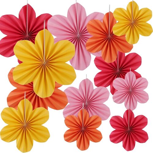Mevronisshop-12 Pièces Fleurs En Papier Éventails,Éventails En Papier Suspendu,Fleur Papier Decoration Avec Épingle 20/25/35 Cm,Eventail Papier Pour Fêtes, Mariages, Festives (Rouge, Jaune, Rose, Ora