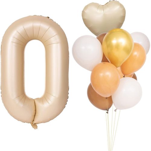 Ballons 0 Anniversaire Caramel Marron Clair - Ballon Chiffré - Avec 8 Ballons En Latex Et Un Ballon En Forme De C?ur - Pour Fête, Mariage, Anniversaire D'Enfant